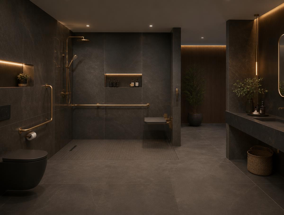 Barrierearmes Badezimmer mit bodengleicher Dusche und Haltegriffen