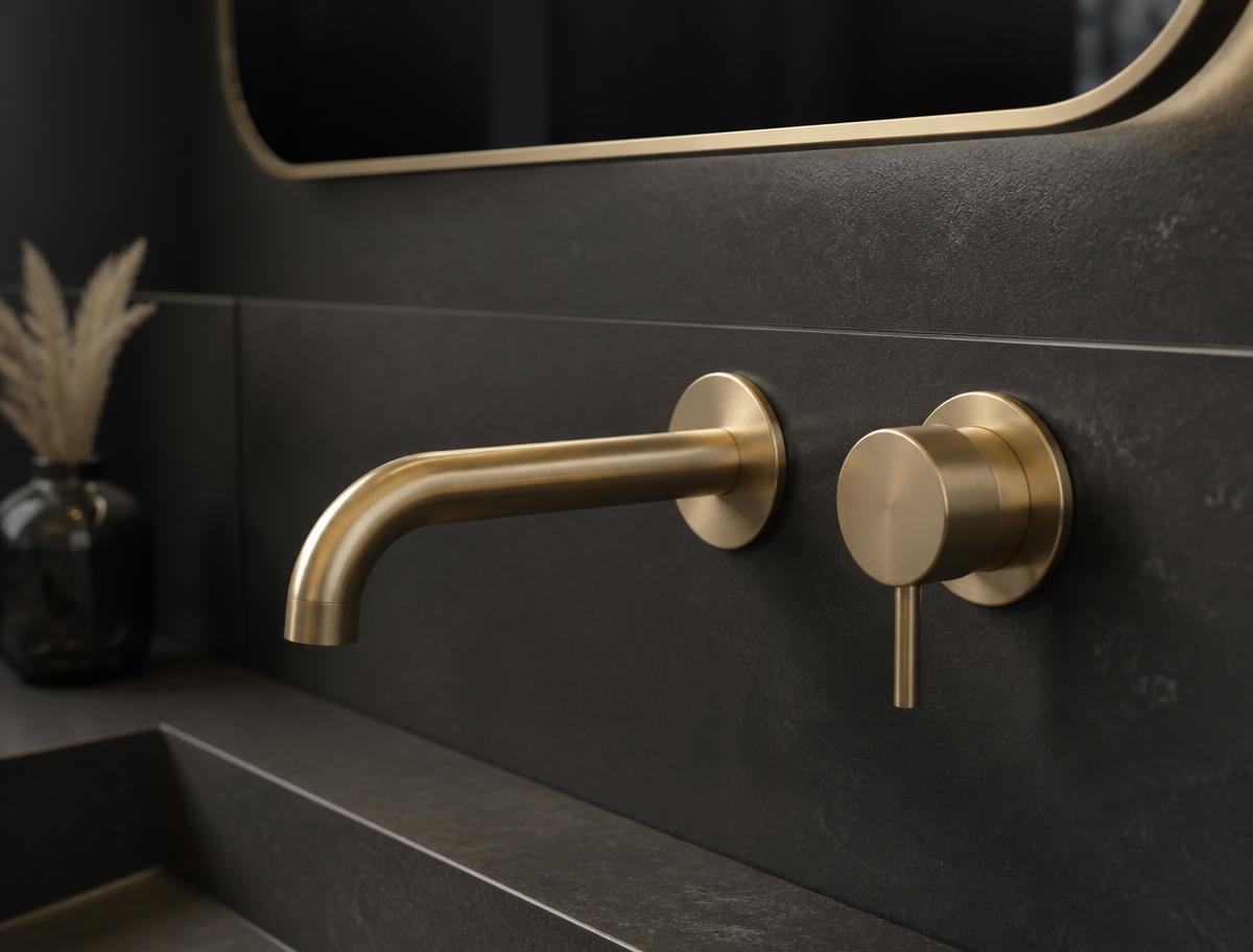 Hochwertige Sanitärarmatur in Gold an dunkler Wand
